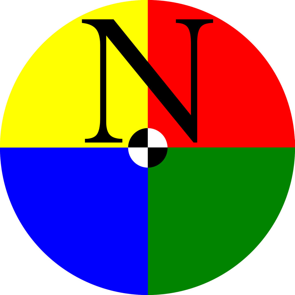 Nysalor-kustannuksen logo - neljään eriväriseen lohkoon jaettu ympyrä, jossa kirjain N kahdessa ylemmässä lohkossa. Keskellä mustavalkoisiin lohkoihin jaettu ympyrä.