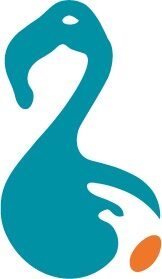 Osuuskumma-kustannuksen logo, sinivihreä tyylitelty lintu, jolla on oranssi muna